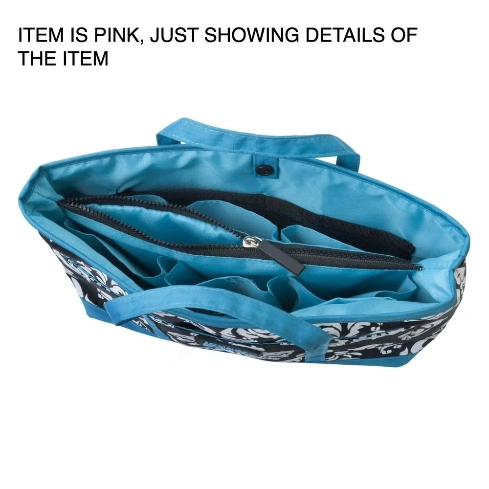 Compact Dual Handled Zippered Accessory‎ Purse Organizer - Damask w/ Pink